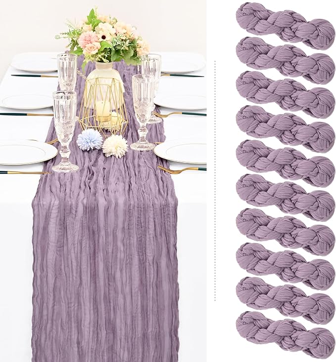 Showgeous 10 Pack Purple Cheesecloth Table Runner Gauze Table Runner 10FT Long Semi-Sheer Table Runner Boho or Rustic Wedding Table Decor for Wedding Decor Arch Draping Bridal Shower Holiday Party