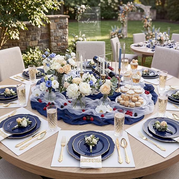 KIRE 210Pcs Navy Blue Plastic Plates - Blue and Gold Plates Disposable - 30guest Baroque Plastic Dinnerware for Upscale Wedding/Parties/Passover/Graduation