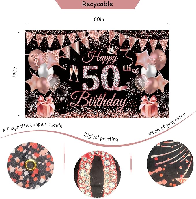 50th Birthday Decorations for Women, JKIYT Black Rose Gold Happy 50 Years Old Decor for Her Include Sash and Crown, 30pcs Balloons Banner 40" Number Balloons, Backdrop Cake Topper & Paper Pom Poms