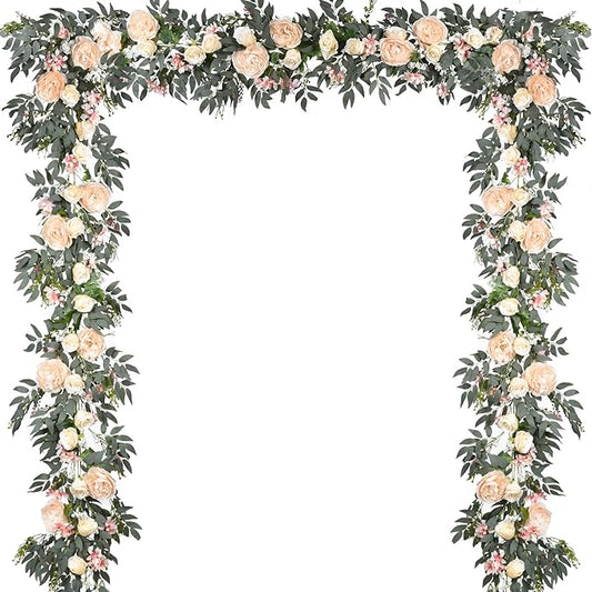DearHouse 2Pack Artificial Peony Flower Garland - 6ft/Strand Silk Peony Flower Greenery Garland with Fake Willow Leaves for Wedding Ceremony Backdrop Party Table Centerpieces Decor(Champagne)
