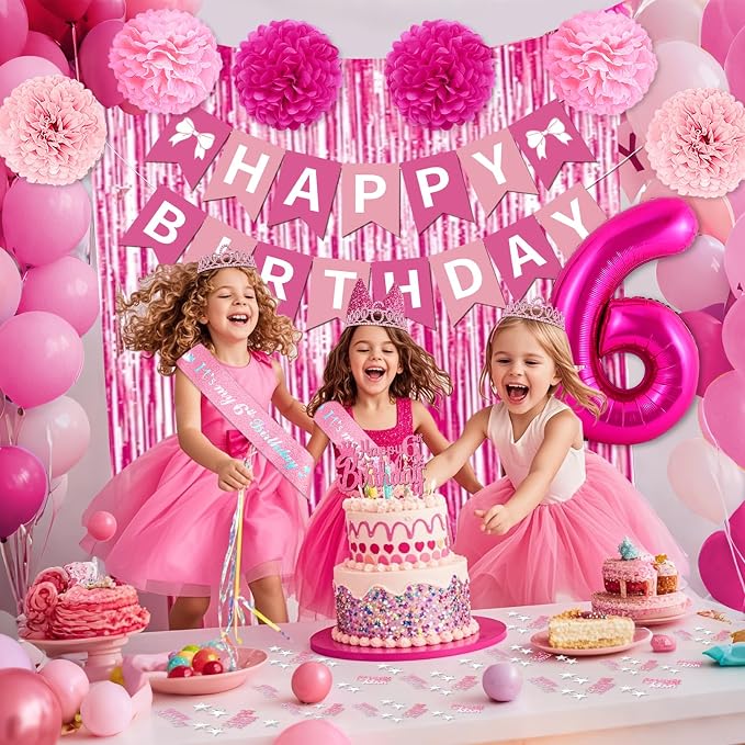 6th Birthday Decorations for Girls, Pink Party Decorations with Number 6 Balloon Happy Birthday Banner Bday Sash Crown Tablecloth Fringe Curtain Hanging Swirl for 6 Year Old Girl Bday Decor