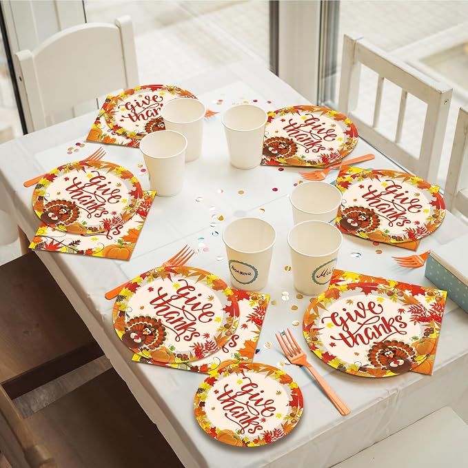 Kepeel 96 Pcs Fall Thanksgiving Party Supplies Give Thanks Party Plates Fall Pumpkin Turkey Autumn Party Plates Napkins Set Disposable Dinnerware Tableware for Thanksgiving Dinner Party, Serves 24