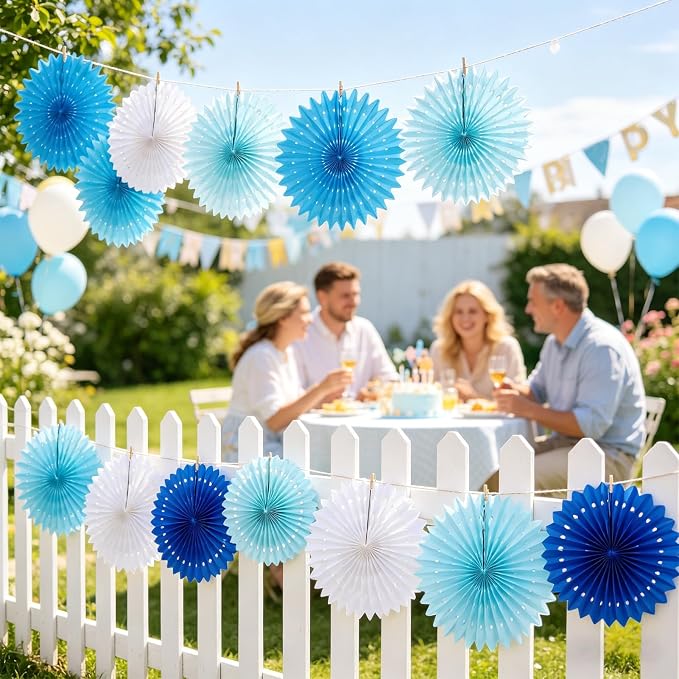 SUNBEAUTY Pack of 13 Blue White Hanging Honeycomb Paper Fans Party Decoration Kit for Baby Boy Shower 1st Birthday Navy Ocean Wedding Under The Sea Theme Photo Booth Backdrops Paper Party Supplies