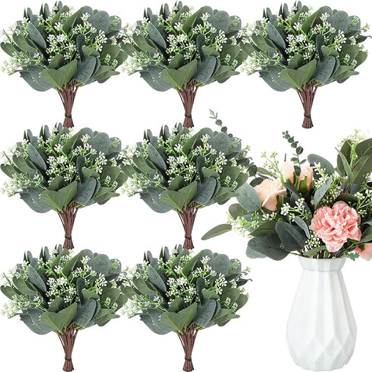 Janinka 20 Pcs Artificial Greenery Eucalyptus Stem Artificial Mixed Eucalyptus Stems Leaves Bulk with White Seeds Silver Dollar Faux Greenry Stems Sprays for Wedding Bouquet Decor Flower Arrangement