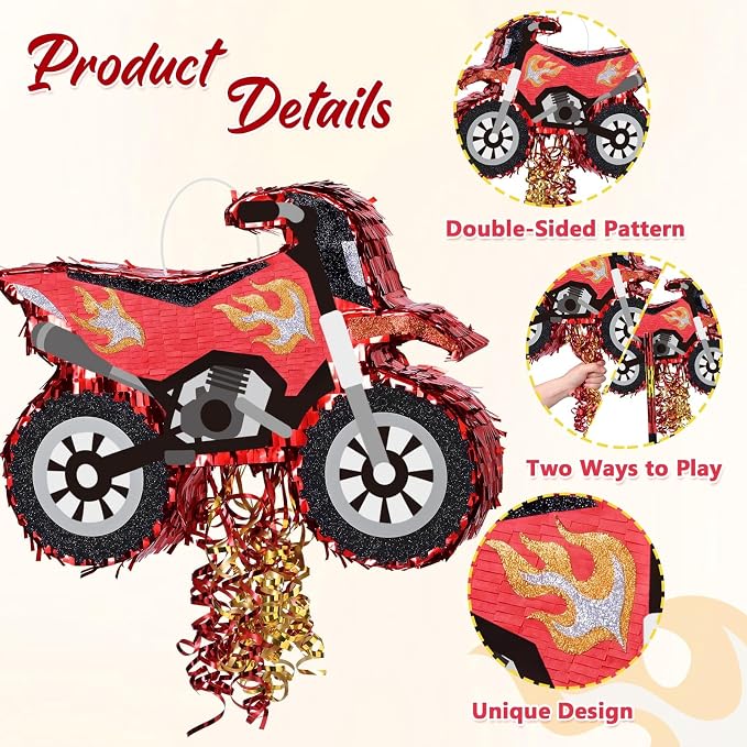 WERNNSAI Motorcycle Piñata - Dirt Bike Piñata with Stick and Blindfold, for Men Motorcycle Themed Birthday Party Decorations, Celebration Game Supplies (16.5" x 12.4" x 2.9")