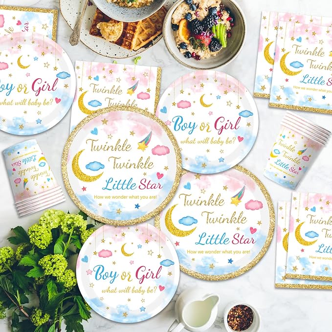 96Pcs Twinkle Twinkle Little Star Gender Reveal Party Supplies Tableware Set little Star Baby Shower Plates Napkins Forks Dinnerware for Baby Shower Decorations, 24 Guests