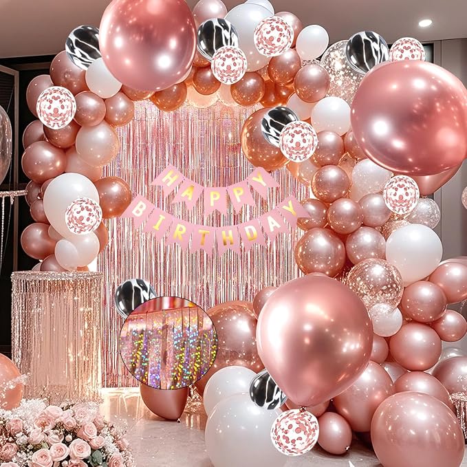 118 PCS Rose Golden Happy Birthday Party Balloons Set for Girl Women | with Sparkle Rose Golden Foil Fringe Curtains, 18 inch Big Balloons, Confetti Balloons