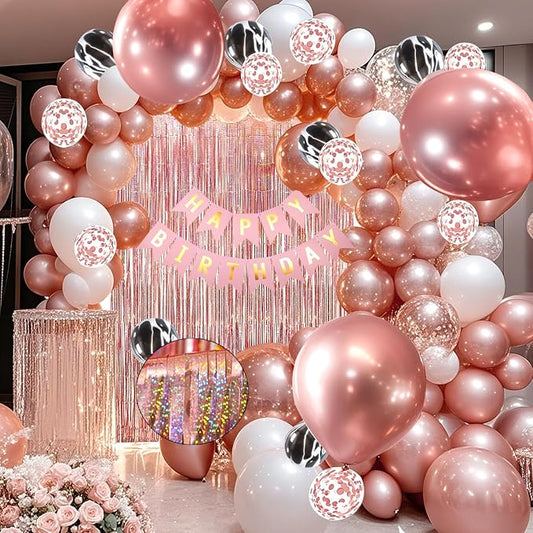 118 PCS Rose Golden Happy Birthday Party Balloons Set for Girl Women | with Sparkle Rose Golden Foil Fringe Curtains, 18 inch Big Balloons, Confetti Balloons