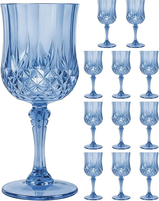 Plastic Wine Glasses Set, 7oz Vintage Goblets Shatterproof Unbreakable Reusable & Disposable, Drinking Glasses with Stem, for Wedding Outdoor Dinner Easter Party (12pcs, Blue)