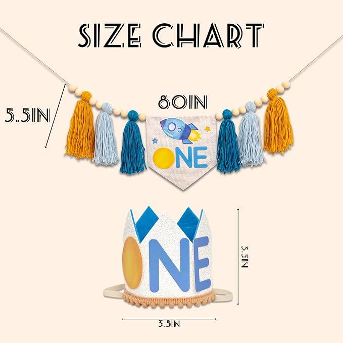 Gostman Outer Space ONE Decoration Set | First Trip Around The Sun Birthday Party Decorations,Space Themed First Birthday Highchair Banner and Sun One Crown