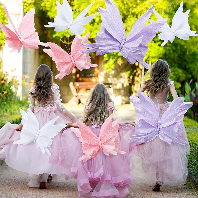 3 Pcs 3D Large Hanging Butterfly Decorations Large Butterfly Birthday Party Decorations 3D Crepe Paper Decoration for Wedding Party Birthday Baby Shower Garden(Purple, Pink, White,11inch,20 Inch)