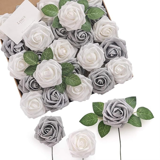 Ling's moment Artificial Flowers 25Pcs Silver & Grey Roses Decor w/Stems,3" DIY Foam Floral for Wedding Bouquet/Centerpieces, Outdoors Party Backdrop, Room/Table, and Garden/Pot Decorations
