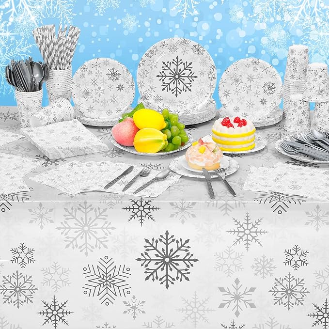 Funnymoom 452 Pcs Winter Snowflake Party Supplies, Silver Snowflake Paper Plates and Napkins Cups Tablecloth Cutlery Straws for 50 Guests Winter Birthday Wonderland Party Decoration