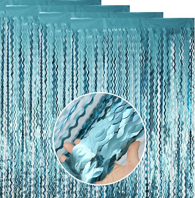 Goer Metallic Tinsel Foil Fringe Curtains for Party Photo Backdrop Wedding Decor (4 Pcs,Wavy Light Blue), One Size
