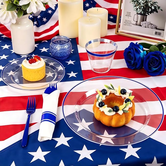 SUT 175 Pcs Blue and Clear Plastic Dinnerware Set for 25 Guests, Include: 25 Dinner Plates, 25 Dessert Plates, 25 Pre Rolled Napkins With Silverware, 25 Cups, Disposable Plates for Party, Wedding