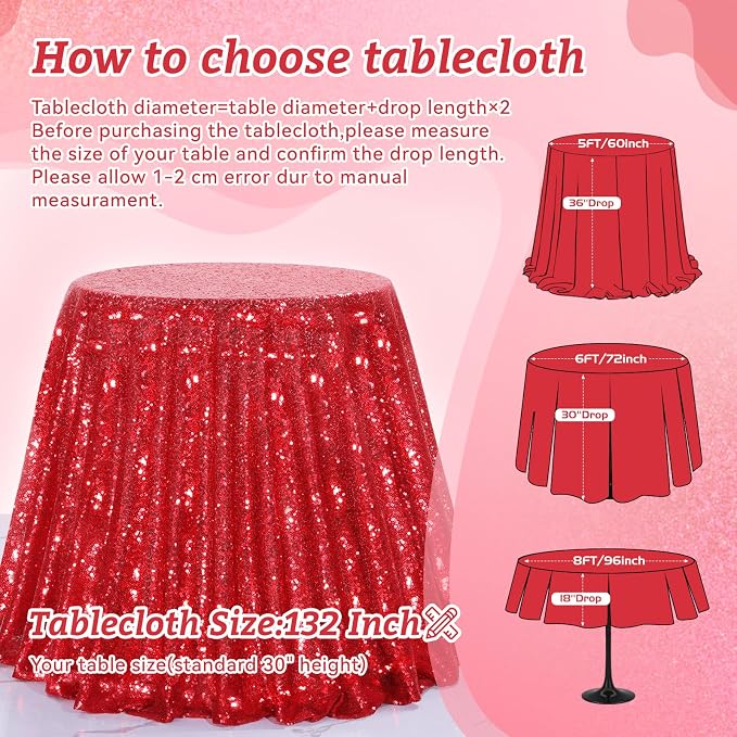 B-COOL Sequin Tablecloth Round Party Decorations: Red Table Cloth Overlay 132 Inch Large Sparkle Fabric for Christmas Birthday Beach Parties