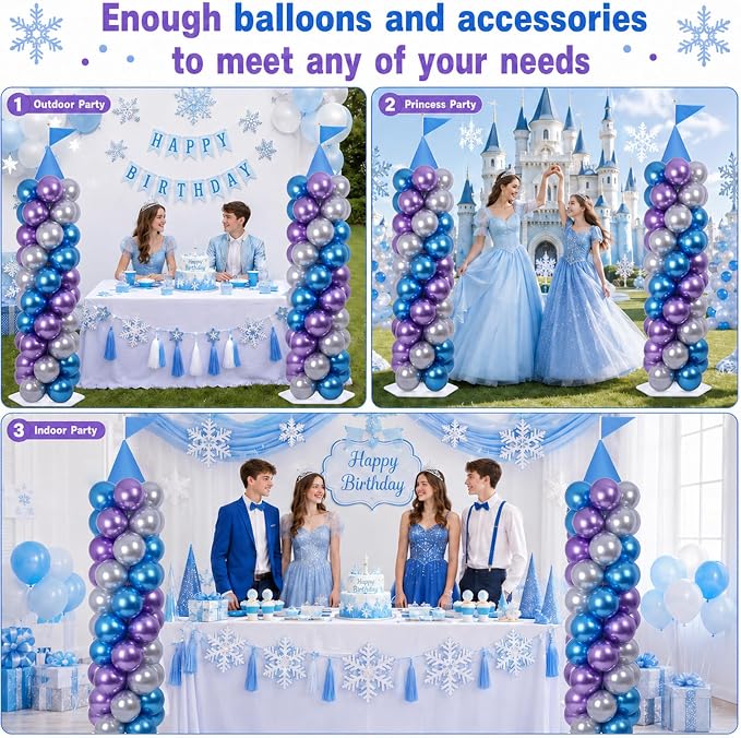 2 Sets Blue Princess Castle Balloon Column Stand Kit with 100 Balloons 2 Tricorne Hat 2 Pennant Snow Party Adjustable Balloon Tower Stand with Bases for Floor Girl Princess Birthday Party Supplies