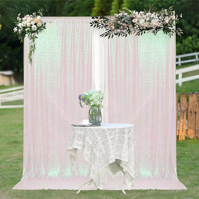 PartyDelight Iridescent White Sequin Backdrop 5x10ft 2 Panels | Iridescent white 3mm sequins show pink and purple tones under light on mesh backing for photos arches stages and party walls