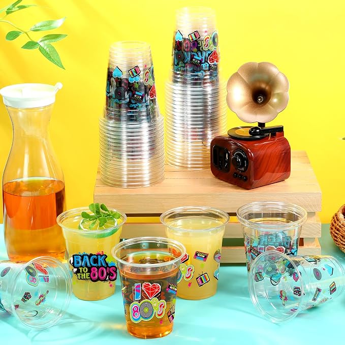 FoldTier 50 Pcs 80s Cups 12 oz Plastic Clear Birthday Glasses Disposable Music Theme Drinking Cups for Home Party Back to the 80s Theme Birthday Favors Supplies Decoration(80s)