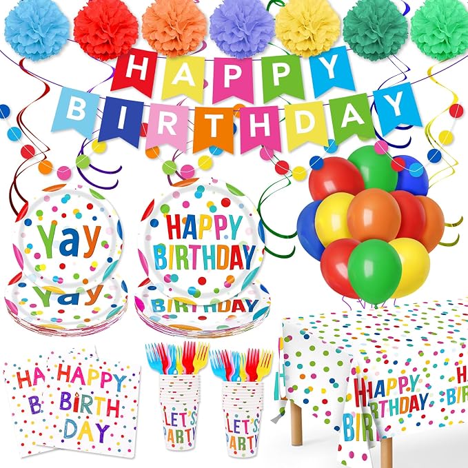 Happy Birthday Decorations - 156pc Birthday Party Supplies Set with Birthday Plates and Napkins, Happy Birthday Banner,Cups, Tablecloth(Serves 24)