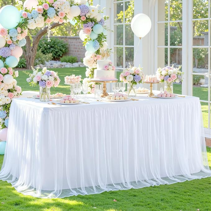 4 Pack White Table Cloth for 6 Foot Rectangle Tables, White Stretch Fitted Tulle Table Covers Skirt, Rectangular Ruffle Tutu Tablecloth Wedding Banquet Baby Shower Cake Tablecloths Decorations