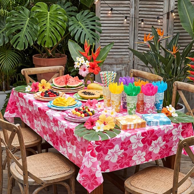 Vesici 452 Pcs Hawaiian Luau Party Supplies Set Tropical Hibiscus Tableware Kit with Plates Napkins Tablecloths Cups Utensils Straws for Summer Beach Pool Birthday BBQ Aloha Party Decor, Serve 50