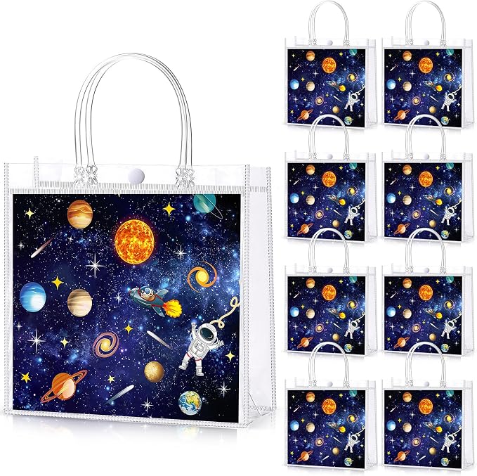 Hosuly 24 Pcs Outer Space Party Favor Bags with Handles, Clear PVC Planet Astronaut Goodie Treat Gift Bags for Solar System Birthday Baby Shower Space Party Favors Supplies 7.9 x 7.9 x 3.1Inch
