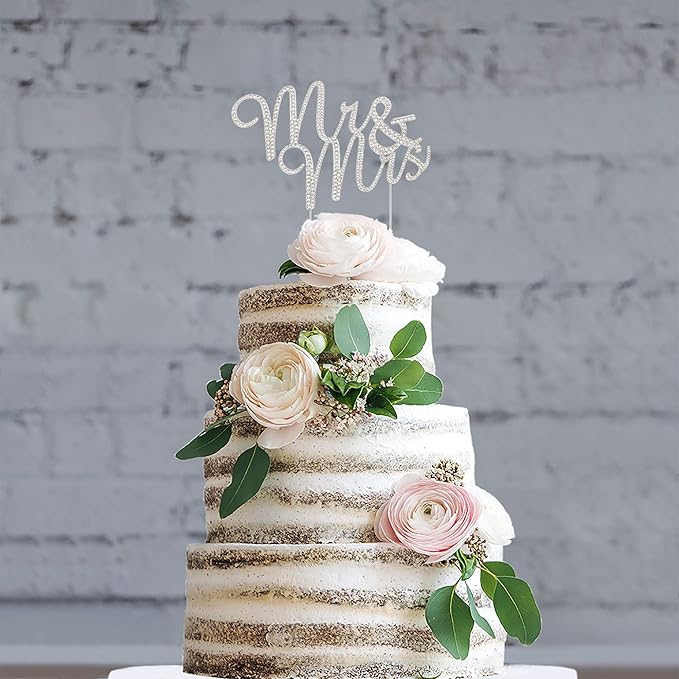 Mr and Mrs Wedding Cake Topper - Premium Silver Metal - Sparkly Wedding Bridal Shower or Anniversary Cake Topper - Now Protected in a Box