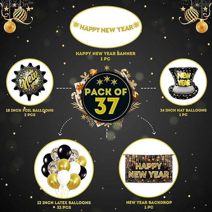 KatchOn, New Years Eve Party Supplies 2026 - Huge, Pack of 37 | Happy New Year Banner, New Years Balloons for Black and Gold Happy New Year Decorations 2026 | NYE Decorations 2026