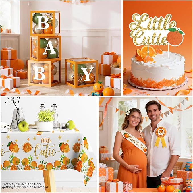 279 PCS A Little Cutie Is On The Way Decorations, All-in-One Orange Baby Shower Party Pack With Balloon, Backdrop, Plates and Napkins, for Little Cutie Baby Shower, Service 25