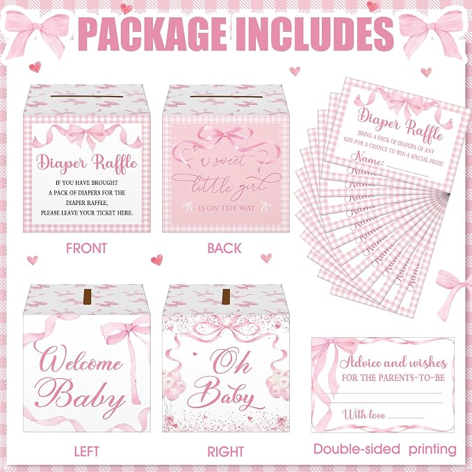 Teling 51 Pieces Diaper Raffle Tickets with Card Box Baby Shower Decorations Baby Shower Holder Box for Girl Boy Diaper Raffle Party(Pink Bow Style)