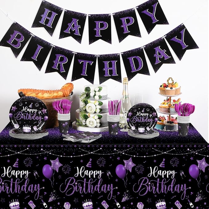 Vesici 171 Pcs Happy Birthday Party Supplies 24 Set Disposable Party Tableware include Plates Cups Napkins Cutlery and Banner Tablecloth Birthday Dinner Decorations for Men Woman(Black, Purple)