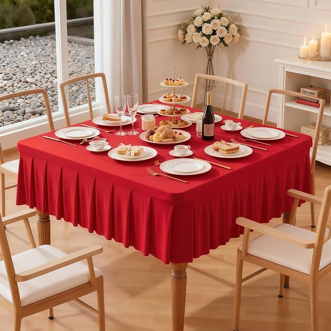 Wish Care Red Spandex Tablecloths for 54x54 Inch Square Tables, Stretch Fitted Table Clothes with Pleated Ruffle Skirt for 54” Table, Wrinkle Free and Elastic, for Party Kitchen Home Dining