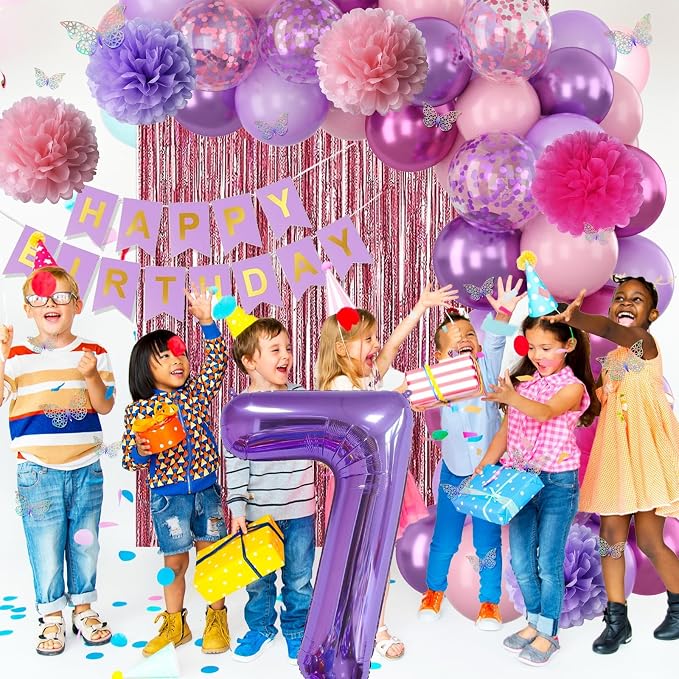 Pink Purple 7th Birthday Party Decorations for Girls Number 7 Balloon Happy Birthday Banner Butterfly Stickers Fringe Curtain Paper Pom Poms Metallic Hot Pink Star Foil Balloons 7 Year Old Princess