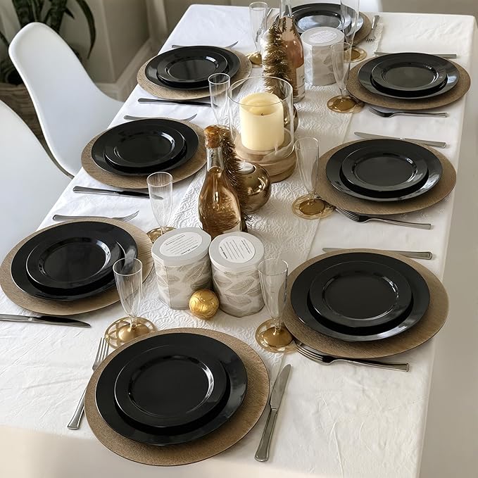 Fijinhom 100PCS Black Disposable Plates for 50 Guests Including 50PCS 10" Dinner Plates & 50PCS 7" Dessert Plates, Black