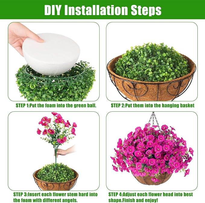 Sggvecsy Artificial Flowers for Outdoors with Baskets Hanging Plant Faux Flowers UV Resistant Fake Silk Morning Glory with Eucalyptus for Planter Porch Garden Home Spring Summer Decoration(Fuchsia)