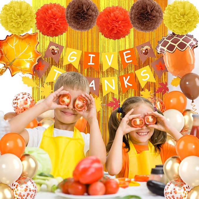 Fall Thanksgiving Party Decorations Set, Includes Give Thanks Banner,Fringe Curtain,Paper Flowers,Autumn Maple Leaves Garland and Foil Balloon for Indoor Home Party Office Classroom Fall Decor