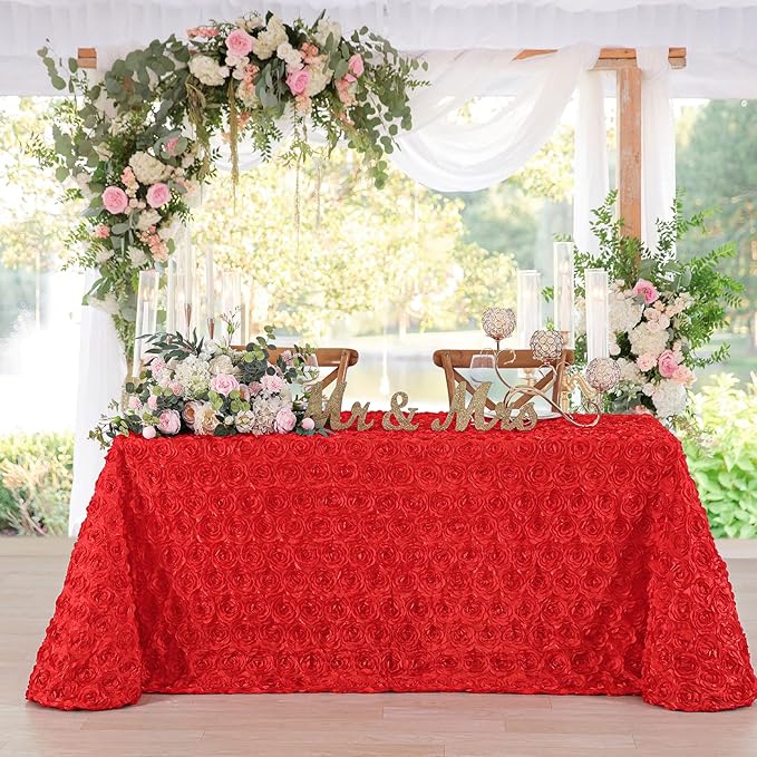 Fanqisi Red Tablecloth Rectangle Party Table Cloths 90x156 Inches Satin Floral Table Cover for Wedding Baby Shower Home Decor