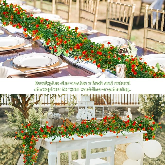 RECUTMS Faux Eucalyptus Garland Plant Fake Vines, Artificial Hanging Eucalyptus Leaves Greenery Vines Arch Kit Flower Green Garlands for Wedding Backdrop Wall Party Home Indoor Outdoor(Orange)