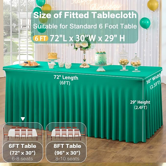 4 Pack Emerald Green Spandex Tablecloths for 6 Foot Rectangle Tables, Wrinkle Free Fitted Tablecover 6ft Green Stretchy Table Clothes with Skirt for Weddings Birthday Party Banquet Baby Shower