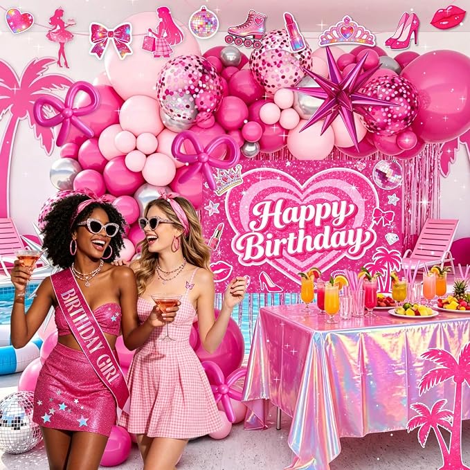 Pink Birthday Party Decorations for Girls, 135pcs Complete Kit - Rose Gold Balloons, Happy Birthday Banner, Backdrop, Tablecloth, Fringe Curtain, Sash for Girls Birthday Decor