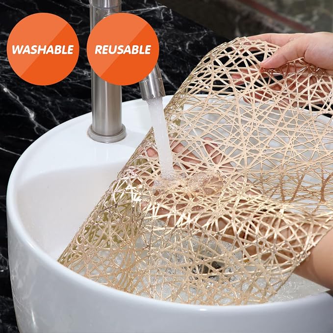 Sieral 12 Packs Gold Round Placemats 15 Inch Hollow Out Pressed Vinyl Place Mats Heat Resistant Woven Gold Placemats for Christmas Dinner Table Winter Holiday Party Wedding Centerpiece Decoration