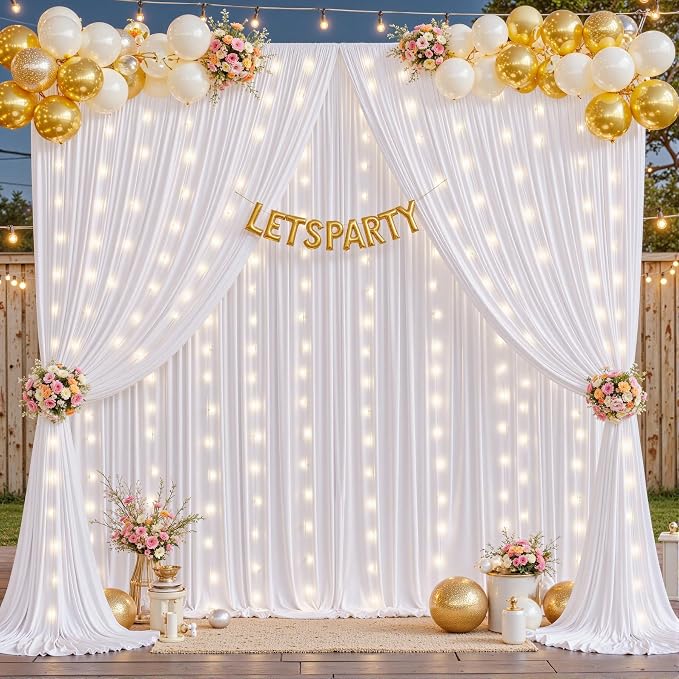 2 Panles White Backdrop Curtains - Wrinkle Free Fabric Backdrop Curtain for Photoshoot,10ft Wedding Party Photo Backdrop Drapes for Birthday Baby Shower Photography Stage Background Decorations