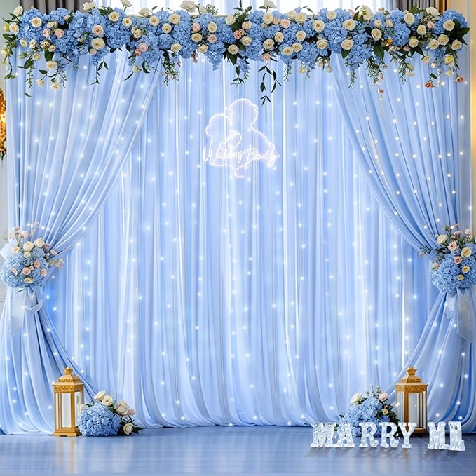 20ft x 10ft Baby Blue Chiffon Backdrop Curtain with Lights String for Parties,4 Panels Sheer Tulle Curtain Wedding Backdrop for Baby Shower Birthday Party Ceremony Reception Home Decorations