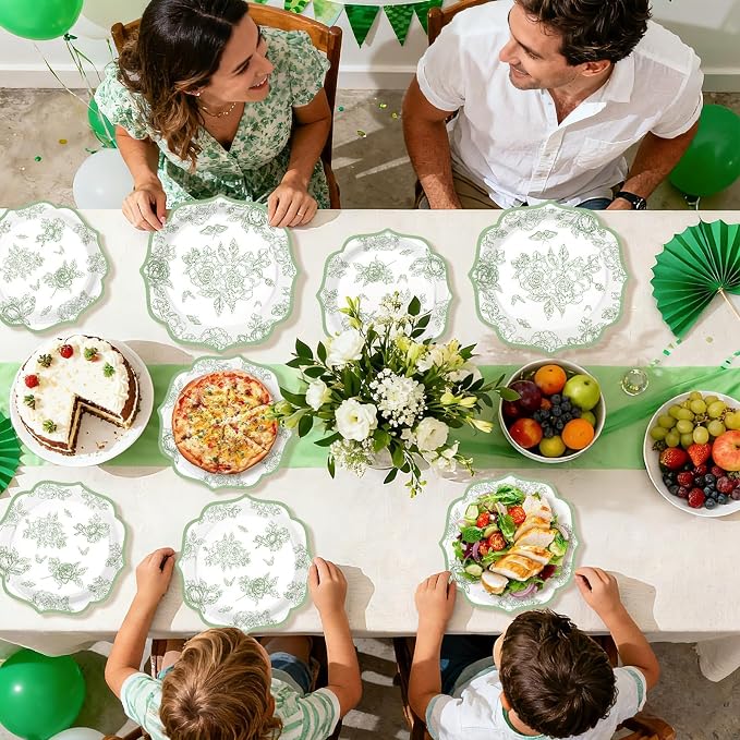 200Pcs Sage Green Party Decoration Green White Scalloped Plates and Napkins Vintage Floral Chinoiserie Disposable Tableware Set for Wedding Baby Shower Birthday Party Supplies Serves 50