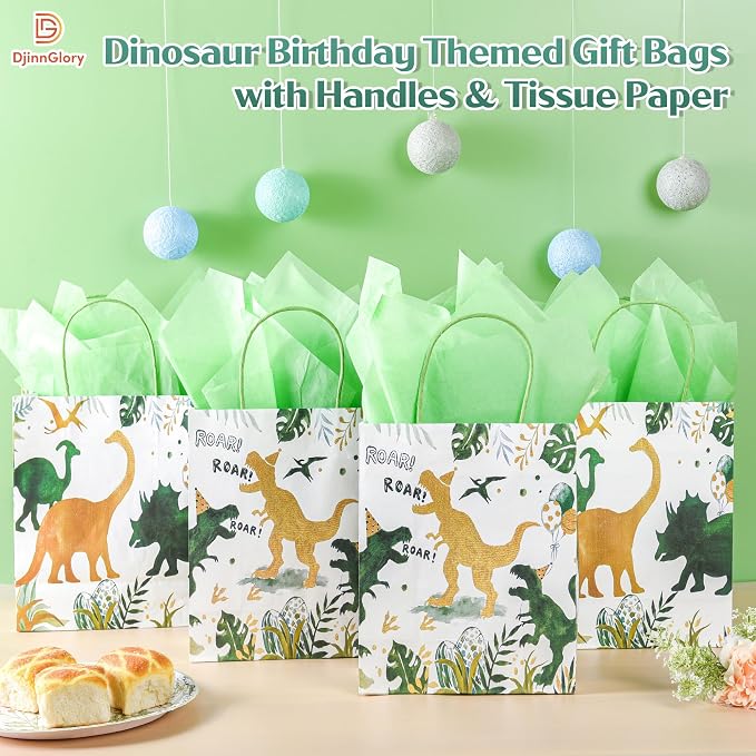 DjinnGlory 36 Pack Medium T-Rex Dinosaur Dino Themed Gift Bags with Handles and Green Tissue Paper for Boys Girls Kids Birthday Party Favors Goodies Treats,10x8x4 Inch (2 Assorted Designs)