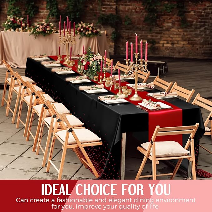 Breling 24 Pack Black and Red Disposable Plastic Tablecloths and Satin Table Runner Set, 54 x 108 Inch Tablecloth, 12 x 108 Inch Table Runners for Wedding Graduation Birthday Baby Shower