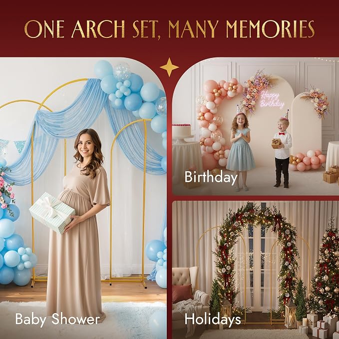 Gold Metal Arch Backdrop Stand for Wedding & Birthday Party Decorations, Foldable Balloon Arch Frame with Easy Assembly, Photo Booth Backdrop Décor with Fairy Lights Options