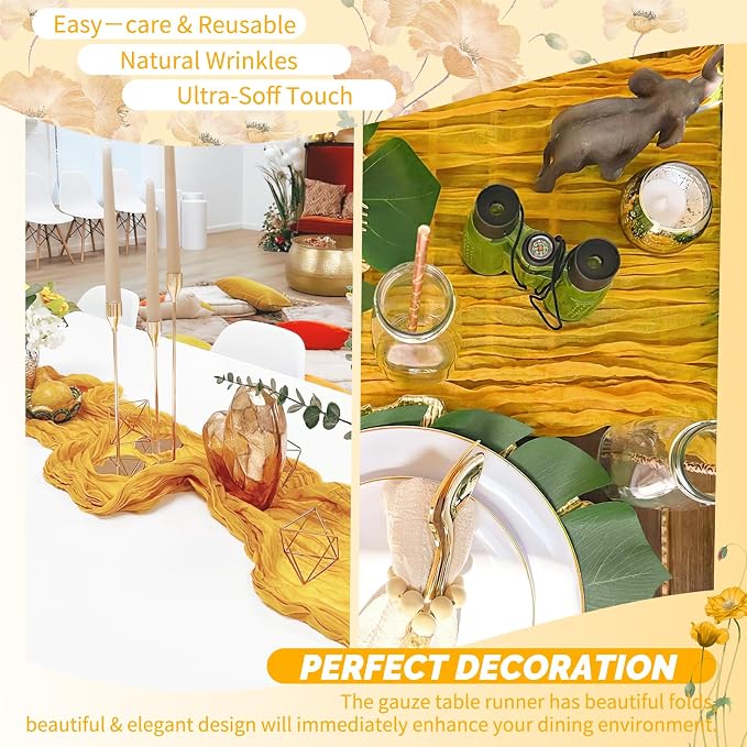 30 Pack Gold Cheesecloth Table Runner 17 x 108 inch Boho Gauze Table Runner Rustic Sheer Cheese Cloth Table Decorations for Wedding Party Baby Bridal Shower Birthday Holiday Home