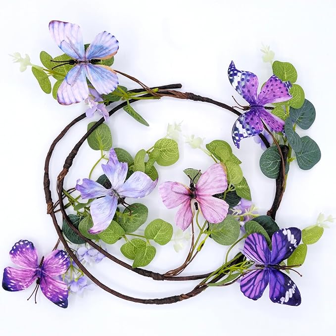 Artificial Butterfly Garland, Fake Flower Vines, Butterfly Hanging Decorations for Crafts, 3D Decorative Butterflies Wall Decor for Easter Spring Wedding Party Ceiling Room. (Purple Garland)